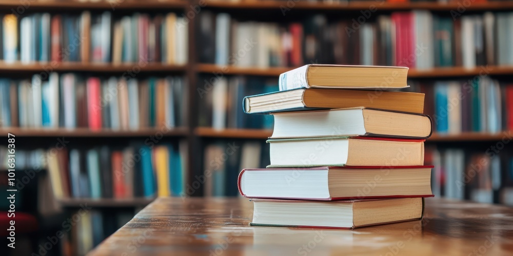 A stack of books on a wooden table with a blurred library background, perfect for education, reading, and knowledge themes. A stack of books on a wooden table with a blurred library background, perfect for education, reading, and knowledge themes.