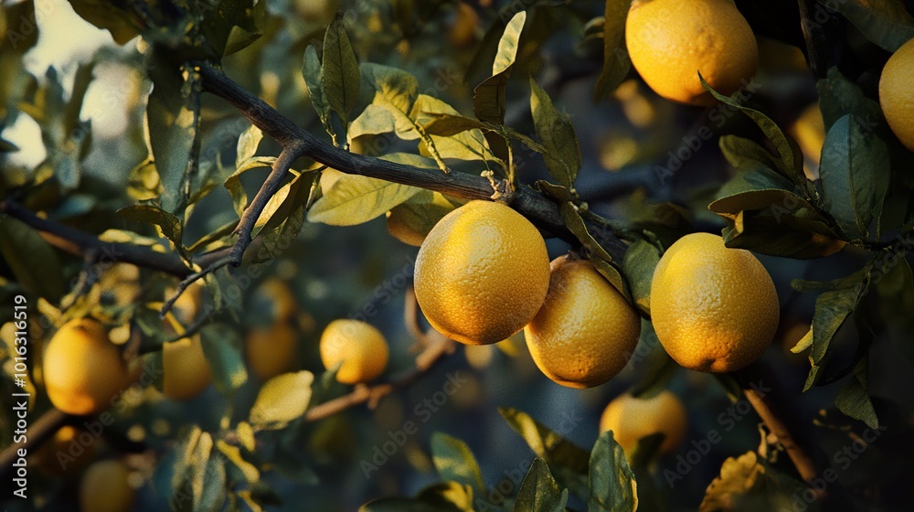 Ripe Lemons Hanging on a Branch - A Close-Up View Ripe Lemons Hanging on a Branch - A Close-Up View