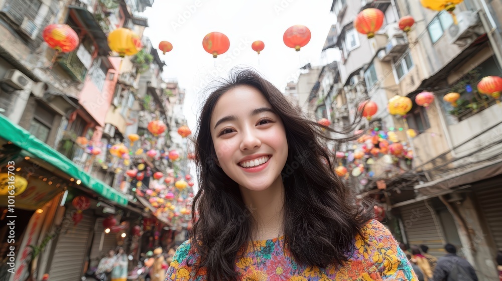 Fototapeta premium Young Woman Twirling Joyfully in Colorful Street Scene