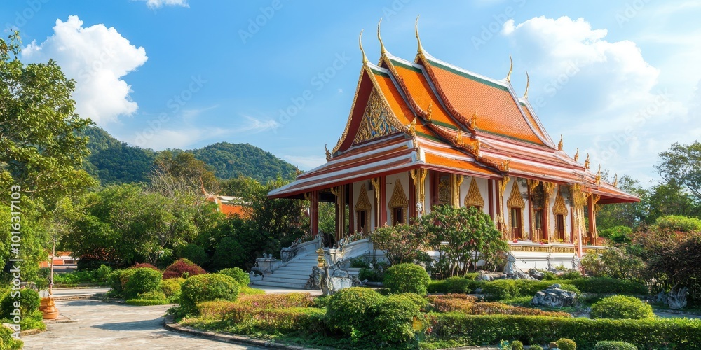 A stunning temple surrounded by lush greenery under a bright blue sky, showcasing traditional architecture and serene landscape. A stunning temple surrounded by lush greenery under a bright blue sky, showcasing traditional architecture and serene landscape.