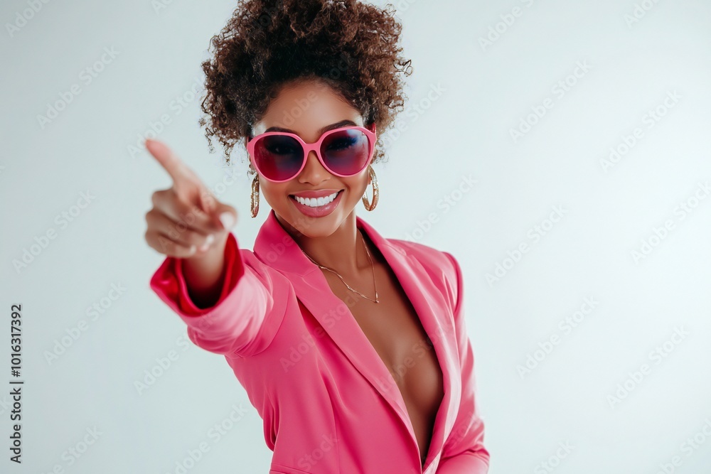 Portrait of happy confident young woman in stylish party outfit. Positive beautiful Afro American lady wearing fashionable pink suit and cool sunglasses looking at camera, smiling and pointing at you Portrait of happy confident young woman in stylish party outfit. Positive beautiful Afro American lady wearing fashionable pink suit and cool sunglasses looking at camera, smiling and pointing at you