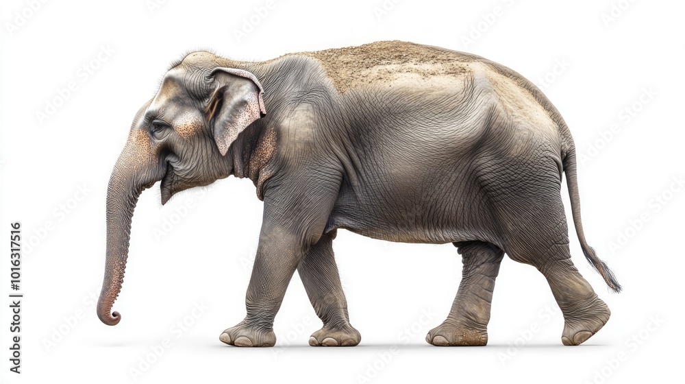 Fototapeta premium A young elephant walks to the right on a white background.