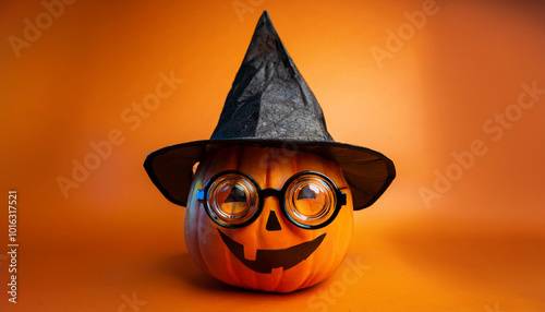 A cheerful pumpkin wearing glasses and a witch hat surrounded by smaller pumpkins on a bright orange background. Creating a festive atmosphere Halloween