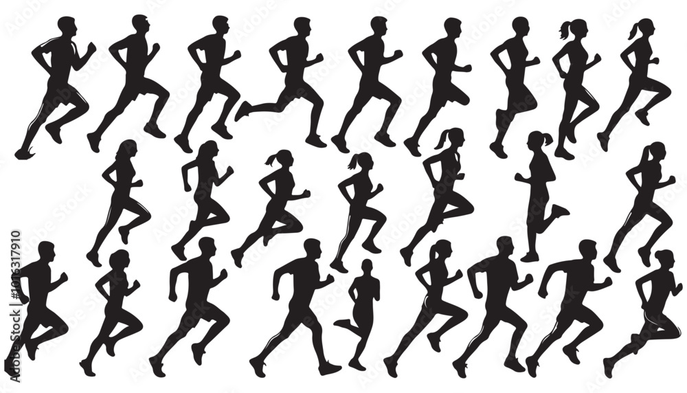 Running men and women, vector set of isolated silhouettes vector illustration black and white art Running men and women, vector set of isolated silhouettes vector illustration black and white art