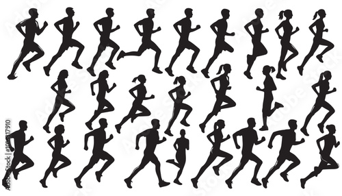 Running men and women, vector set of isolated silhouettes vector illustration black and white art