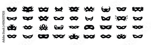 Carnival masks silhouettes icon set. Simple black icons masquerade mask, for party, parad, carnival, Halloween. Mask elements isolated sign, symbol