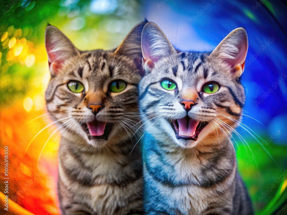 Happy Smiling Cat in Double Exposure on Vibrant Yellow Orange Background for Pet Lovers Happy Smiling Cat in Double Exposure on Vibrant Yellow Orange Background for Pet Lovers