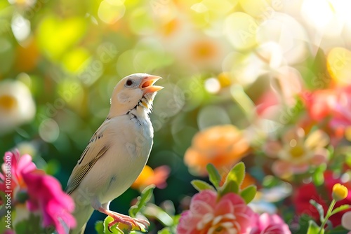 beutiful cnry singing joyfully from its perch in  sunlit grden with colorful flowers in the bckground photo