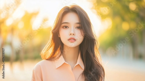 young woman with long hair stands outdoors in sunlit park, looking directly at camera with serene expression. background is blurred, highlighting warm, golden light of setting sun.