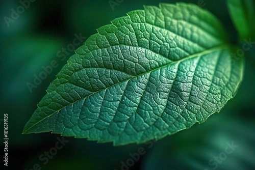 detailed closeup of a green leaf showcasing its intricate texture emphasizing themes of ecology and sustainability in a vibrant natural setting