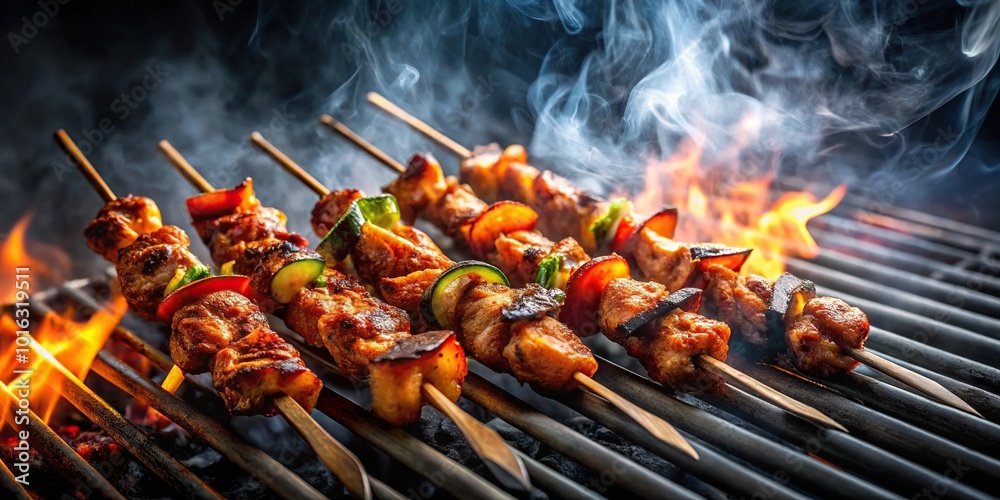 custom made wallpaper toronto digitalHigh angle view of illuminated grilled skewers with juicy proteins, charred edges, billowing smoke