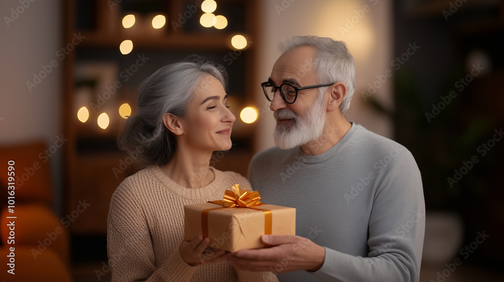 A joyful elderly couple shares heartfelt moment as they exchange beautifully wrapped gift, surrounded by warm, ambient lighting that enhances cozy atmosphere. A joyful elderly couple shares heartfelt moment as they exchange beautifully wrapped gift, surrounded by warm, ambient lighting that enhances cozy atmosphere.