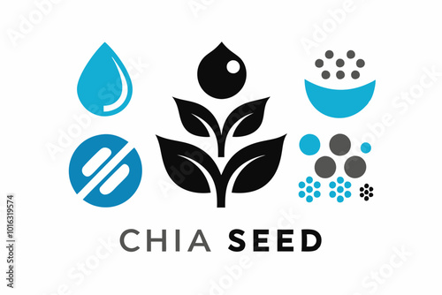 Abstract minimalist chia seed logo with water icons