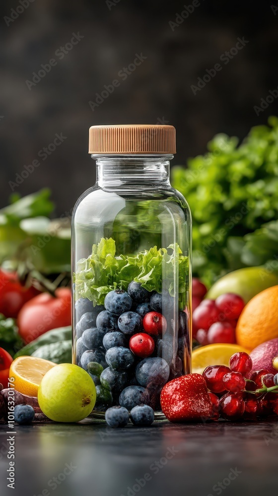 Fruit and herbs in a glass bottle Fruit and herbs in a glass bottle