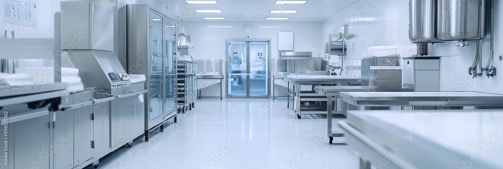 A clean and stainless steel industrial area filled with sterilized instruments. A high-tech atmosphere defined by spotless surfaces, providing a hygienic and orderly environment for cutting-edge opera A clean and stainless steel industrial area filled with sterilized instruments. A high-tech atmosphere defined by spotless surfaces, providing a hygienic and orderly environment for cutting-edge opera