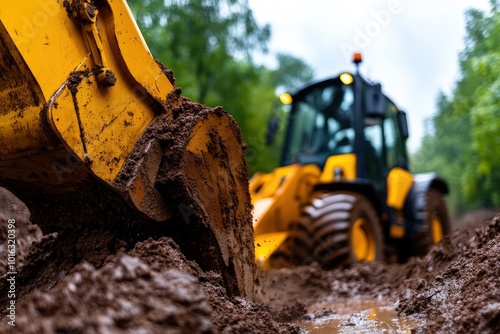 A front loader bulldozes through a muddy path with precision, representing resilience and adaptability against a backdrop of lush greenery.