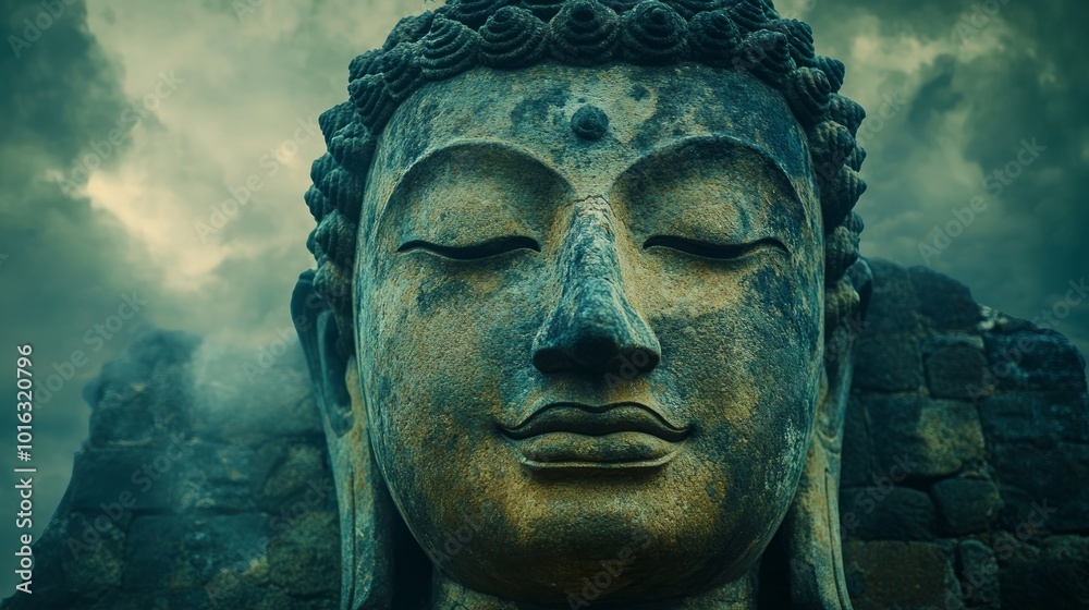 Close-up of a serene Buddha statue with a cloudy sky in the background. Close-up of a serene Buddha statue with a cloudy sky in the background.
