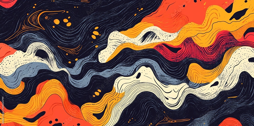 Abstract wavy pattern in blue, orange, and red colors.