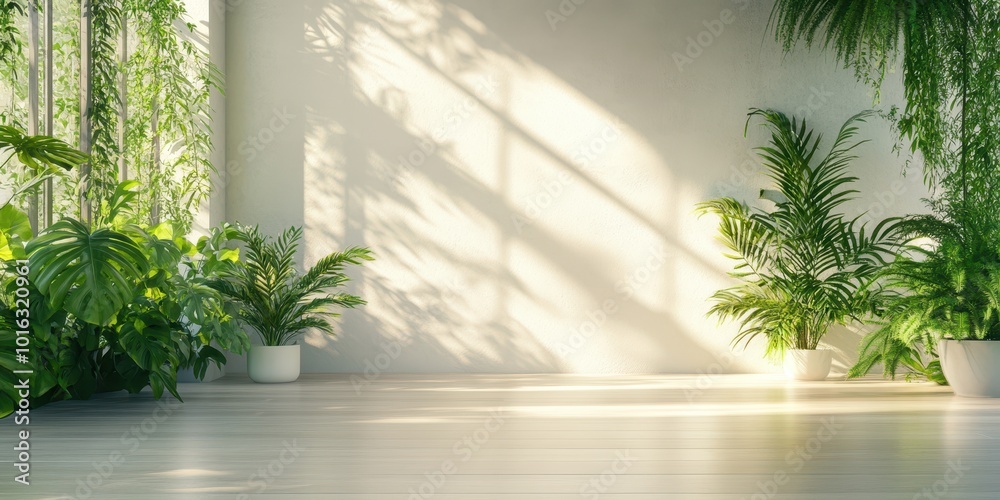 Bright and airy interior with lush green plants, illuminating the space with natural light and creating a refreshing atmosphere.
