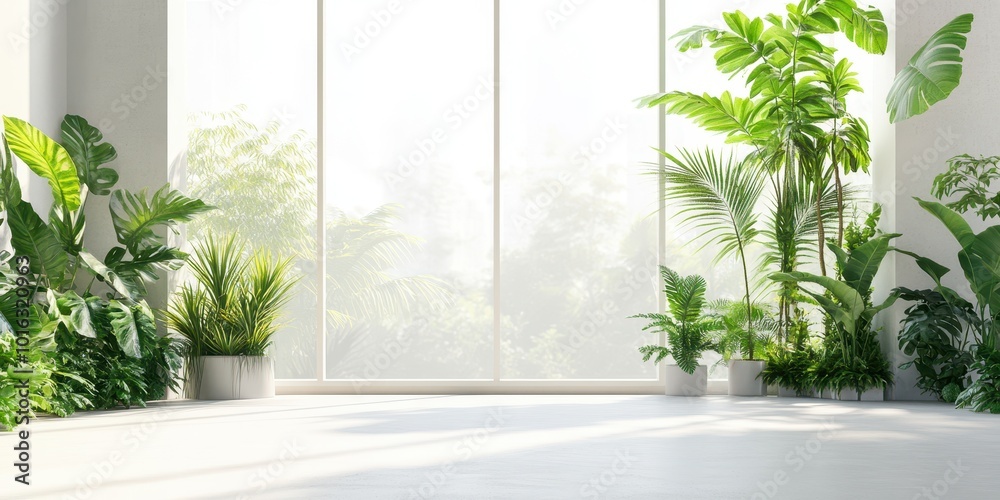 Bright and airy interior featuring lush tropical plants, perfect for home decor or botanical design inspiration. Bright and airy interior featuring lush tropical plants, perfect for home decor or botanical design inspiration.