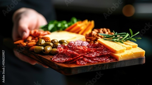 A wooden platter filled with assorted meats, cheeses, nuts, and fresh herbs.