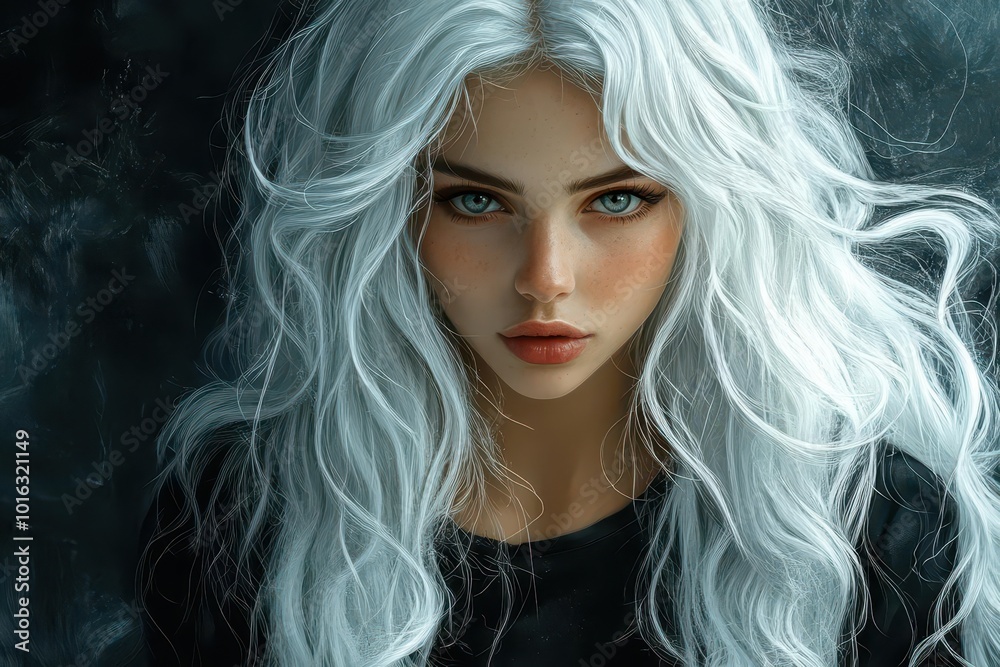digital illustration of a young woman with long glossy white hair set against a dark atmospheric background that highlights her unique beauty digital illustration of a young woman with long glossy white hair set against a dark atmospheric background that highlights her unique beauty