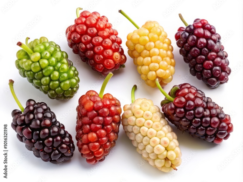 Nine unique mulberry shapes isolated on a white background, designed for culinary applications and botanical studies, offering visual appeal and Nine unique mulberry shapes isolated on a white background, designed for culinary applications and botanical studies, offering visual appeal and