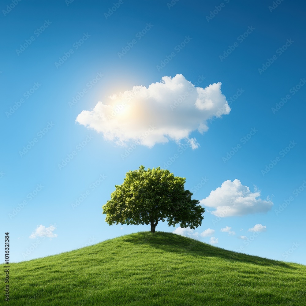 Obraz premium Lone tree on a grassy hill under blue sky