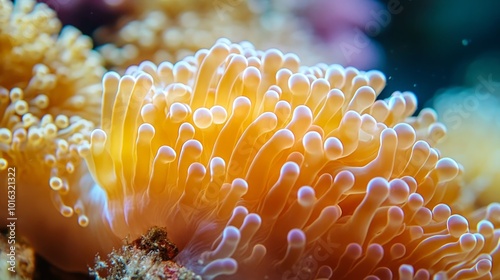 Close-up of a vibrant orange and white coral with blue tips, showcasing its intricate structure and texture.