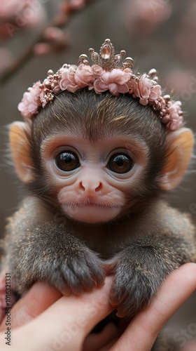 Ultracute Baby Monkey Wearing a Princess Tiara, Resting in the Palm of Your Hand, Hyperrealistic Photography Generative AI photo