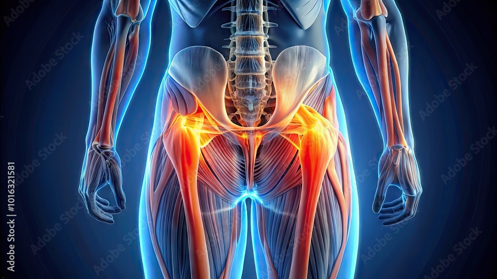 Illuminated 3D illustration of the human gluteal region, showcasing the gluteus maximus, medius, and minimus muscles, as well as surrounding tissues and bony structures. Illuminated 3D illustration of the human gluteal region, showcasing the gluteus maximus, medius, and minimus muscles, as well as surrounding tissues and bony structures.
