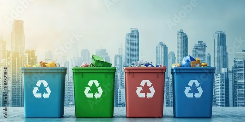 Fototapeta Naklejka Na Ścianę i Meble -  Colorful recycling bins against a city skyline, promoting waste management and environmental sustainability.