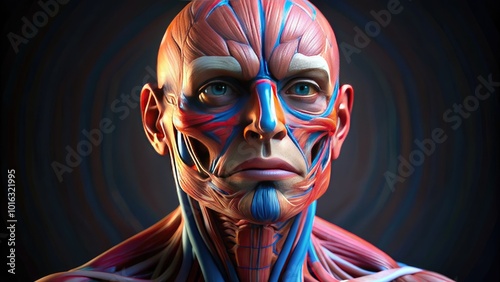 Illuminated 3D model of the human facial structure, showcasing intricate details of muscles, bones, and tissues responsible for emotional expressions and physical movements. photo