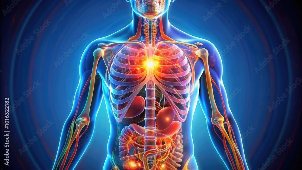 Illuminated human body diagram showcasing internal organs such as the brain, heart, lungs, liver, kidneys, and digestive system in vibrant colors and precise detail. Illuminated human body diagram showcasing internal organs such as the brain, heart, lungs, liver, kidneys, and digestive system in vibrant colors and precise detail.