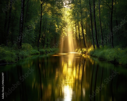 Serene forest landscape with sunlight reflections