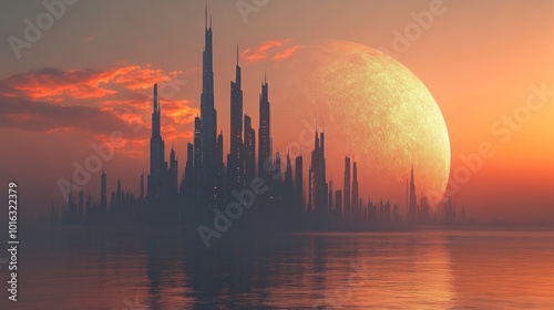 A futuristic city skyline with tall buildings silhouetted against a large, glowing moon and an orange sunset.