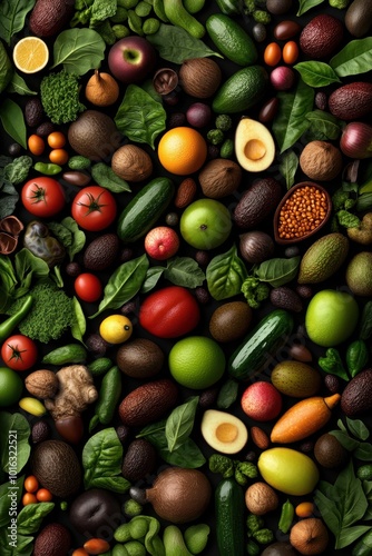 Variety of fresh vegetables and fruits, top view