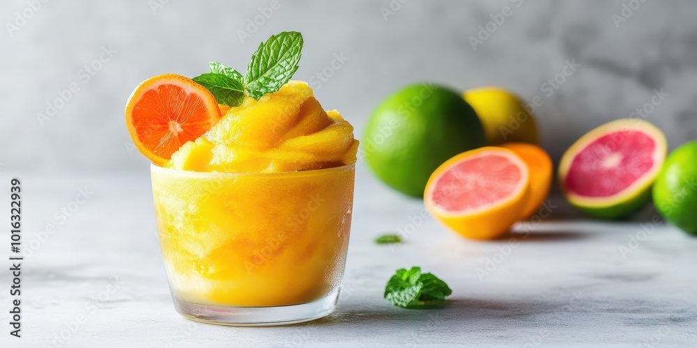 Delicious fruit sorbet served in a glass with vibrant citrus garnishes, perfect for refreshing summer desserts. Delicious fruit sorbet served in a glass with vibrant citrus garnishes, perfect for refreshing summer desserts.