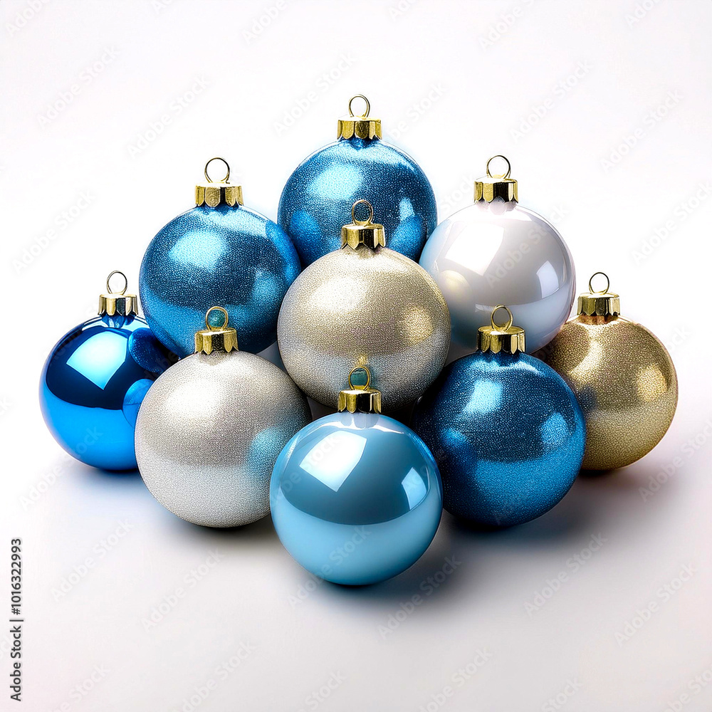 Blue and silver christmas baubles resting on white surface Blue and silver christmas baubles resting on white surface