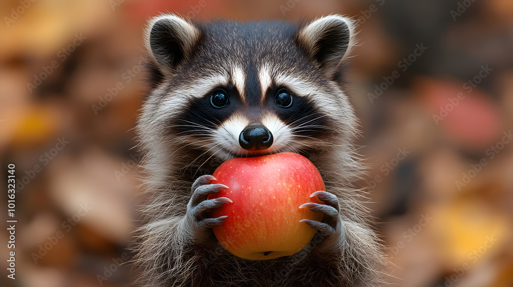 A charming photograph of a cute raccoon happily eating apples in a vibrant apple orchard, surrounded by lush greenery and colorful fruit trees. The raccoon’s playful demeanor adds a delightful touch t A charming photograph of a cute raccoon happily eating apples in a vibrant apple orchard, surrounded by lush greenery and colorful fruit trees. The raccoon’s playful demeanor adds a delightful touch t