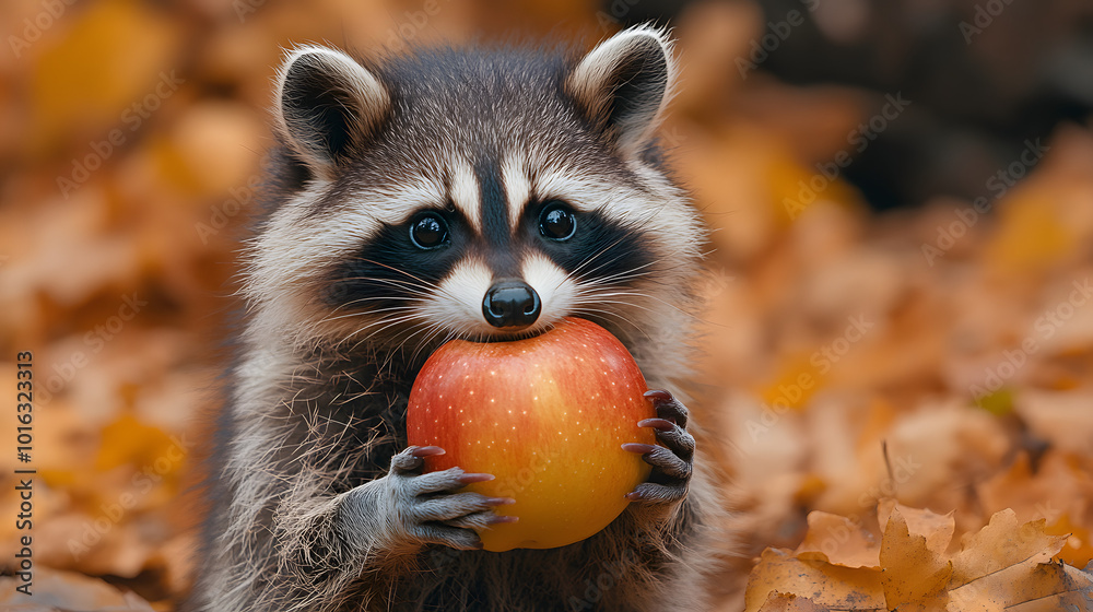 A charming photograph of a cute raccoon happily eating apples in a vibrant apple orchard, surrounded by lush greenery and colorful fruit trees. The raccoon’s playful demeanor adds a delightful touch t A charming photograph of a cute raccoon happily eating apples in a vibrant apple orchard, surrounded by lush greenery and colorful fruit trees. The raccoon’s playful demeanor adds a delightful touch t