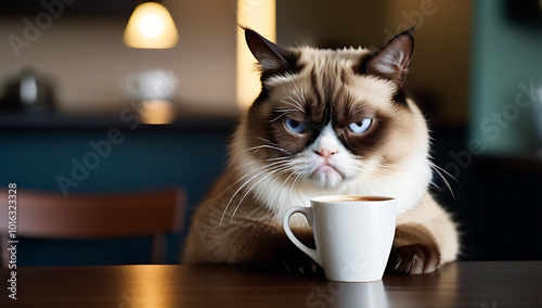 grumpy cat sitting next coffee cup table tired displeased expression reflecting early morning mood frustration photo