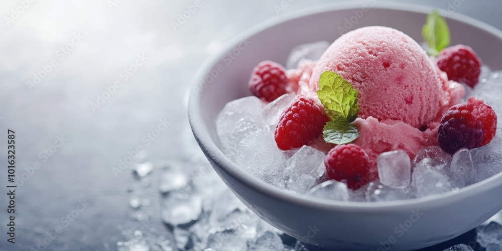 Delicious raspberry ice cream in a bowl with fresh raspberries and mint on a bed of ice, perfect for a refreshing treat. Delicious raspberry ice cream in a bowl with fresh raspberries and mint on a bed of ice, perfect for a refreshing treat.