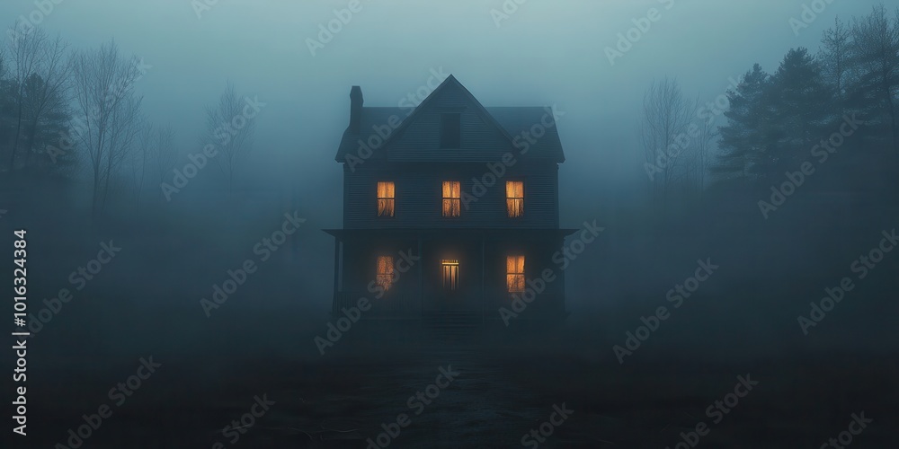 Fototapeta premium Eerie fog envelops an old house, softly illuminated by glowing windows, creating a mysterious and haunting atmosphere.
