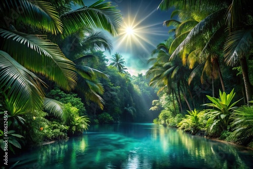 Nighttime tropical jungle with water and sunlight tilted angle