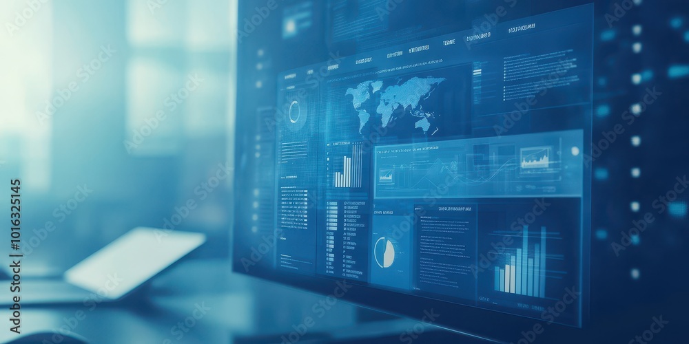 Futuristic digital interface on computer screen displaying data analytics and world map for technology and business themes. Futuristic digital interface on computer screen displaying data analytics and world map for technology and business themes.