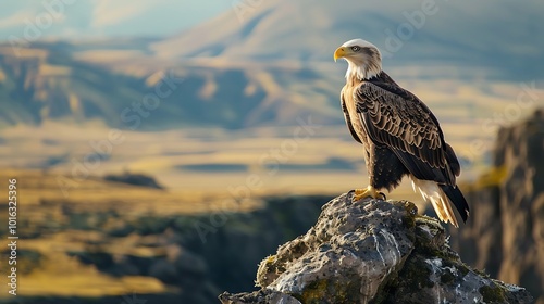 regl egle perched on  rocky outcrop overlooking  vst lndscpe with its keen eyes scnning the re photo