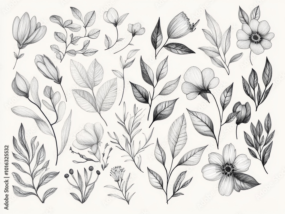 2408 24.A luxurious vector set of hand-drawn flowers and leaves, designed with intricate line details and elegant curves. These botanical elements are ideal for creating a trendy, upscale look for
