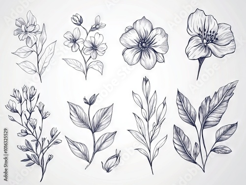 2408 24.A luxurious vector set of hand-drawn flowers and leaves, designed with intricate line details and elegant curves. These botanical elements are ideal for creating a trendy, upscale look for #1016325529