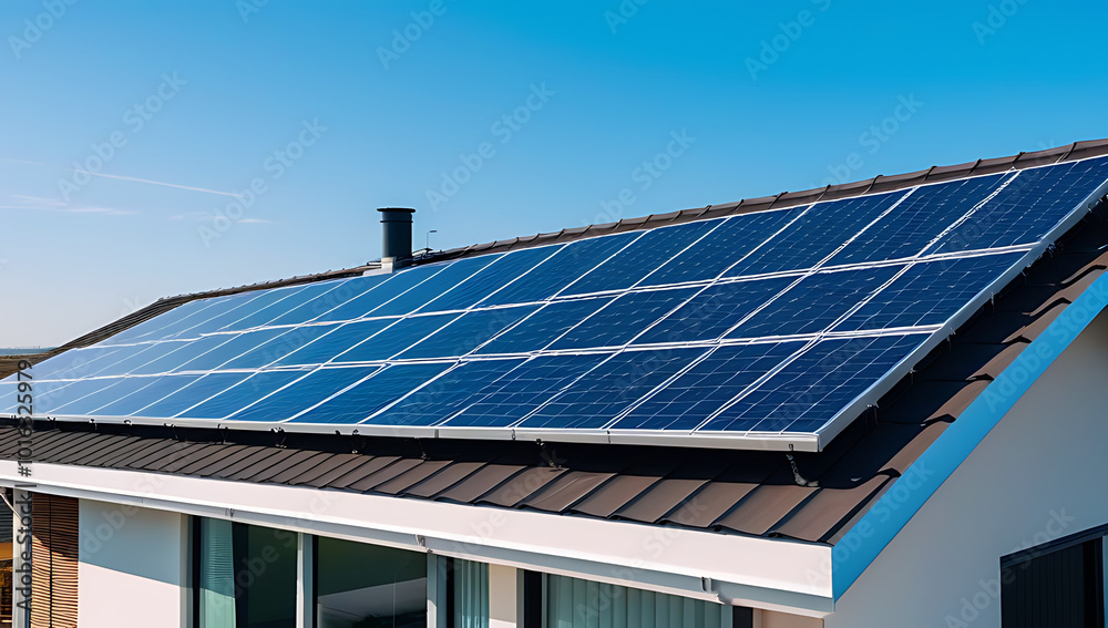 rooftop covered blue solar panels clear sky energy source modern home design rooftop covered blue solar panels clear sky energy source modern home design